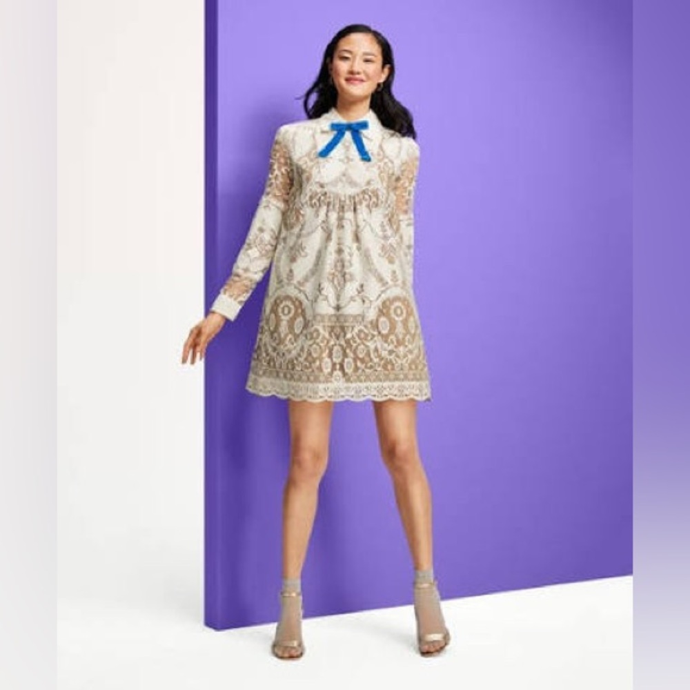 Anna Sui Cream A-line Dress with Bishop Sleeves